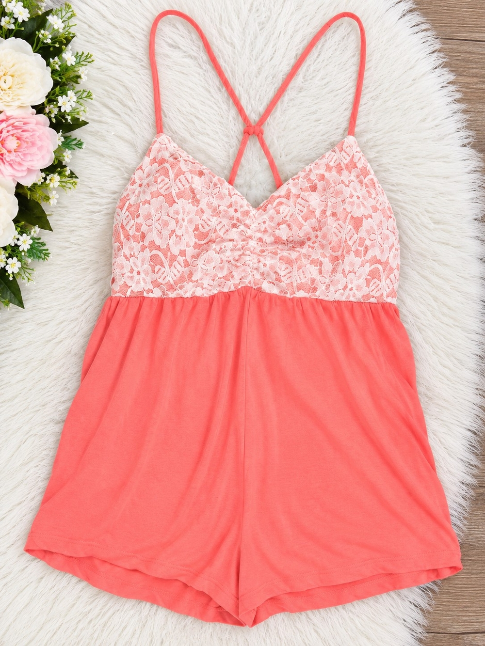 Candie's Coral Lace-Top Sleep Romper